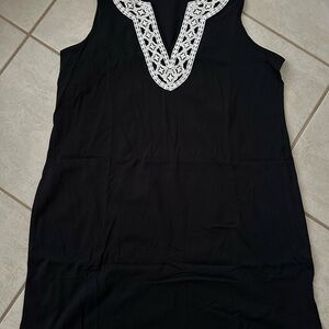 Lands' End Black Swim Coverup with White Crochet Embroidery